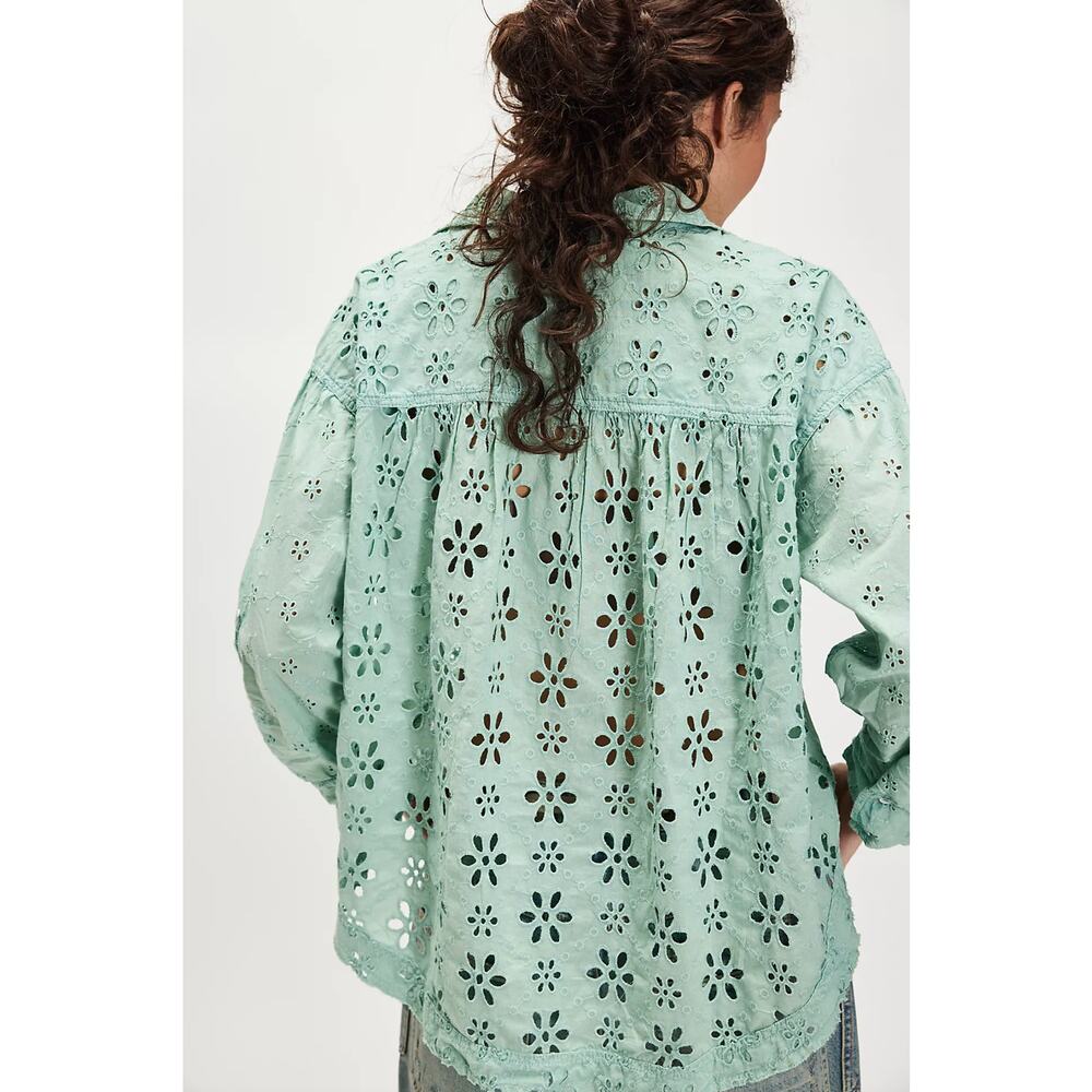 Free People We The Free Mae Washed Eyelet Shirt Faded Mint Green S - Picture 2 of 8